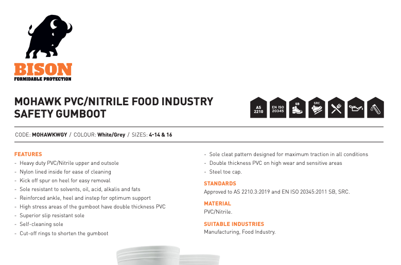 Mohawk PVC/Nitrile Food Industry Safety Gumboot White/Grey